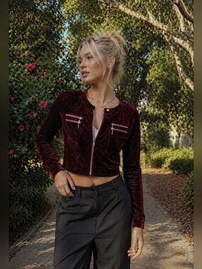1990s velvet cropped fitted zip up jacket